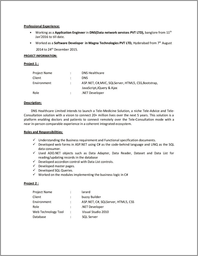2 Years Experience Resume For Net