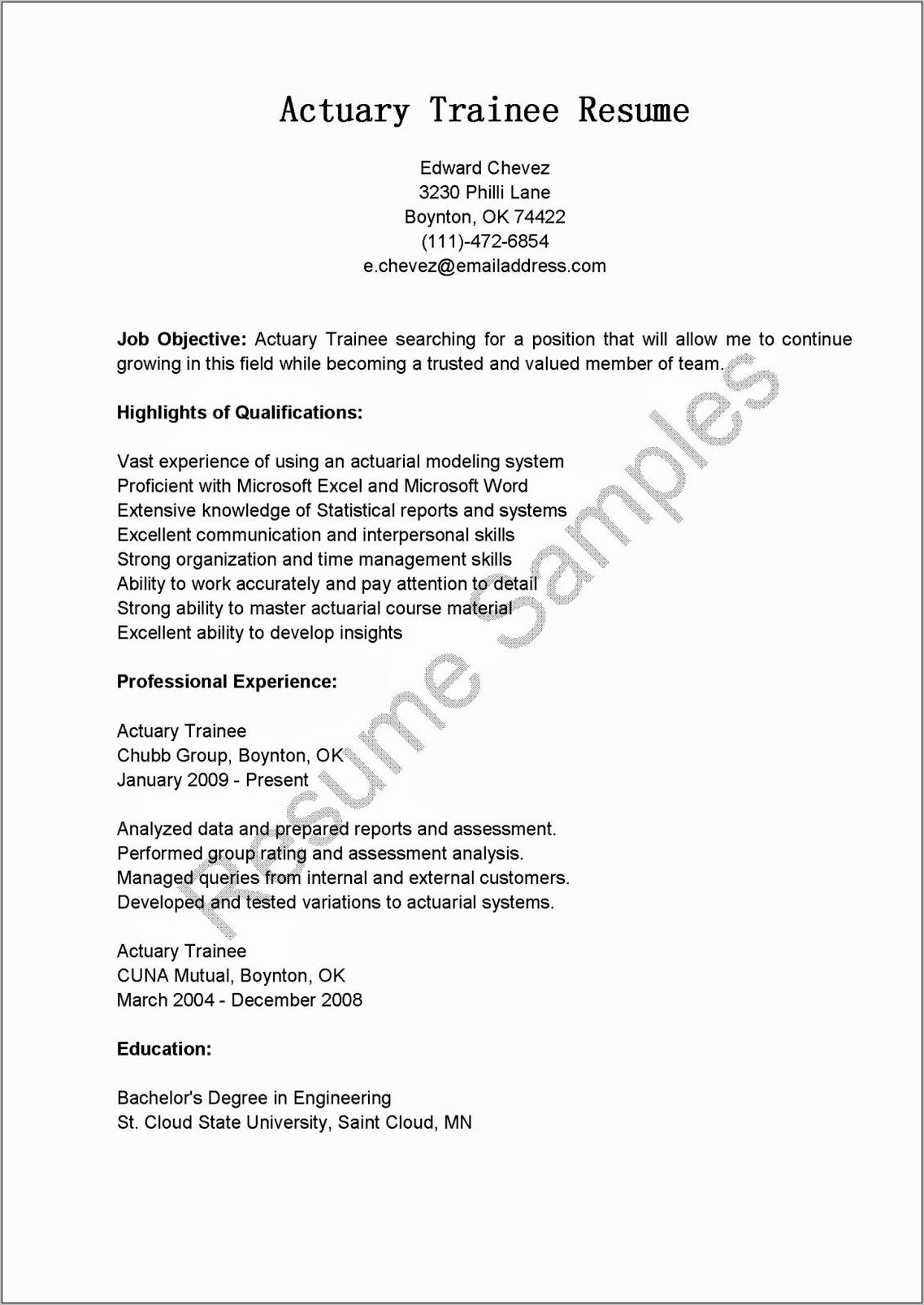 Acturarial Science Resume Examples With Summary Statement