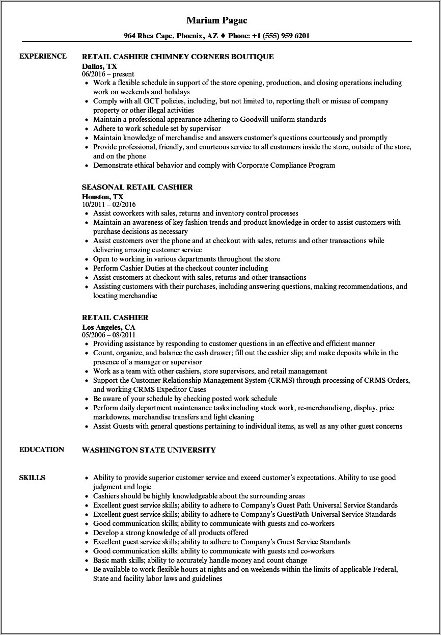 Additional Skills On Resume For Cashier