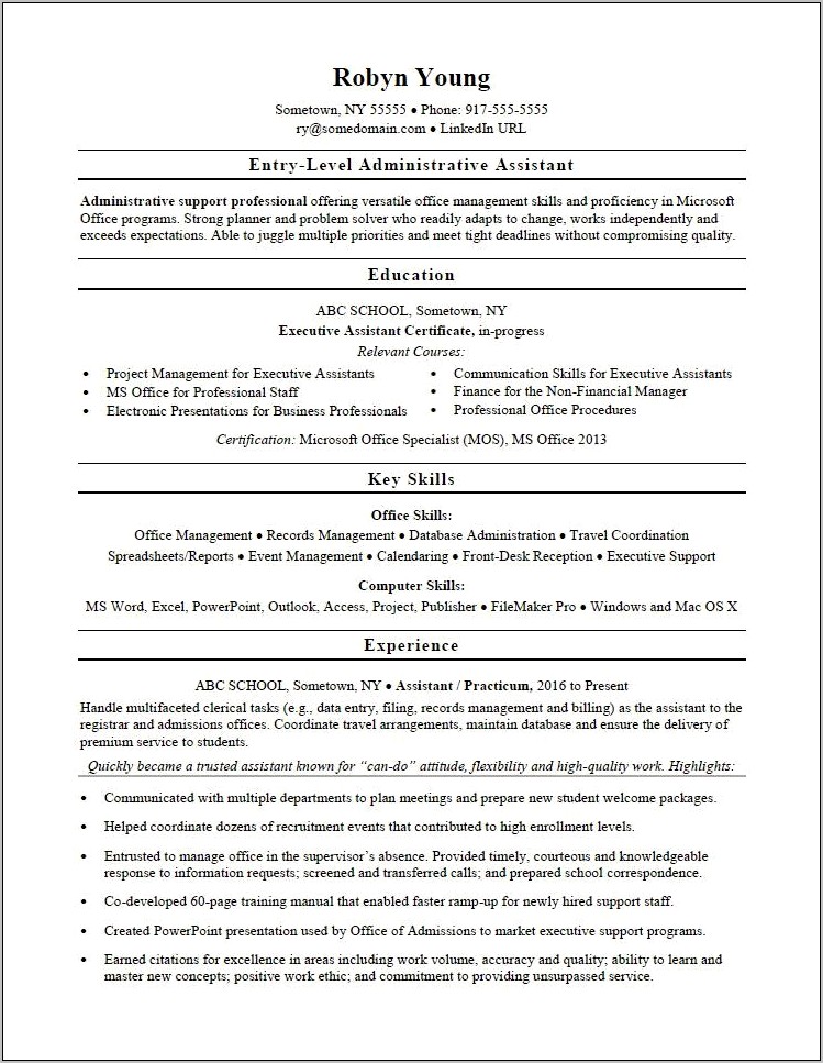 Adminir Trative Resume Summary Sample