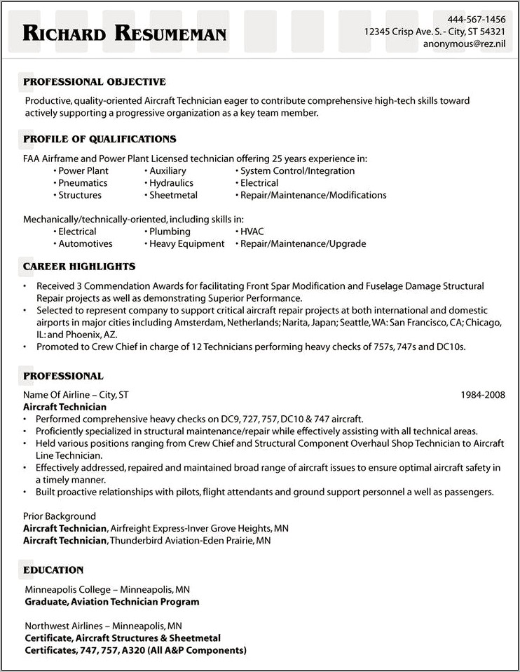 Aircraft Mechanic Job Description Resume - Resume Example Gallery