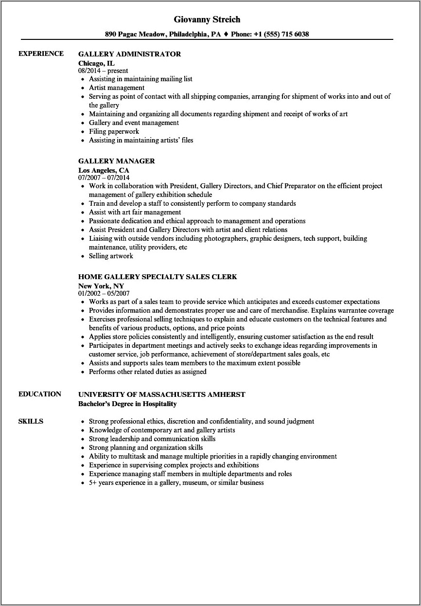 Art Gallery Manager Resume Sample