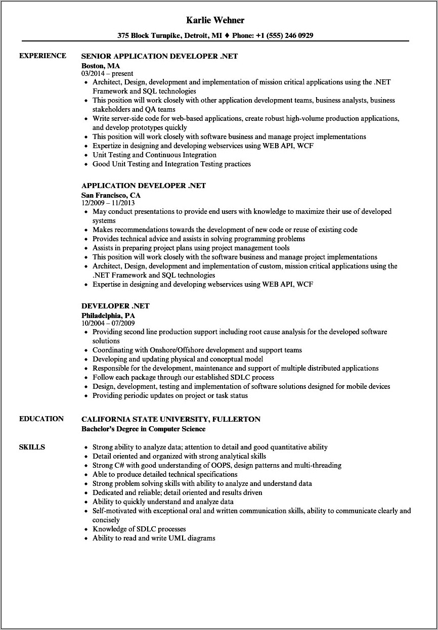 Asp Net Resume For 1 Years Experience