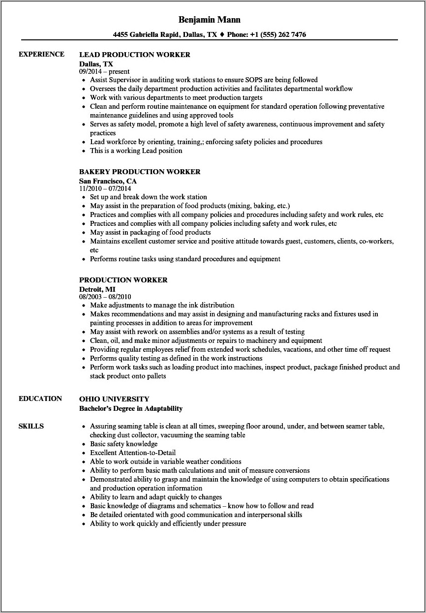 Assemby Line Objective On A Resume