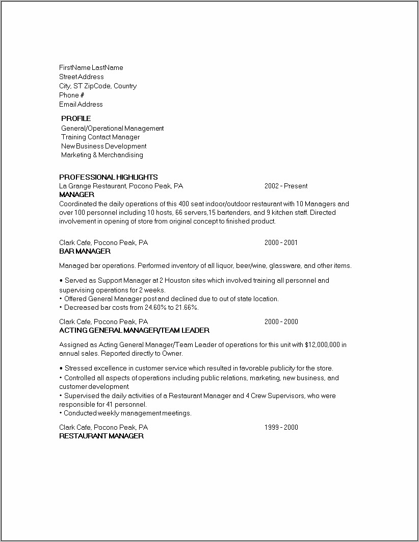 Bar Manager Resume Transferable Skills Examples