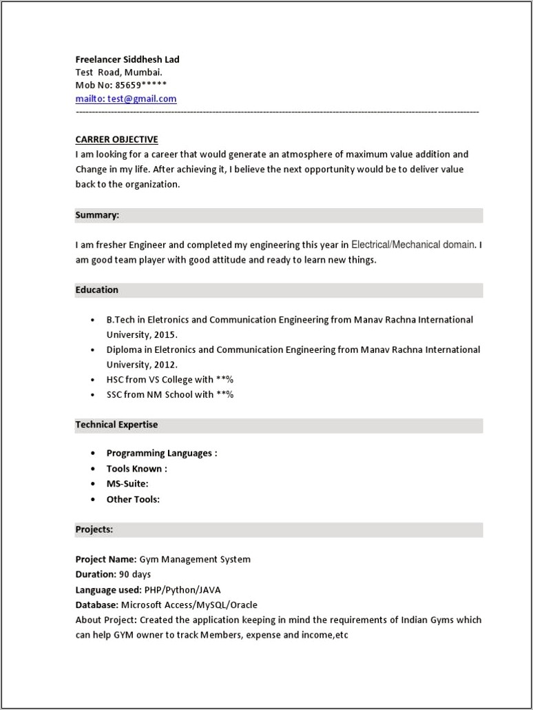simple resume format for bca freshers