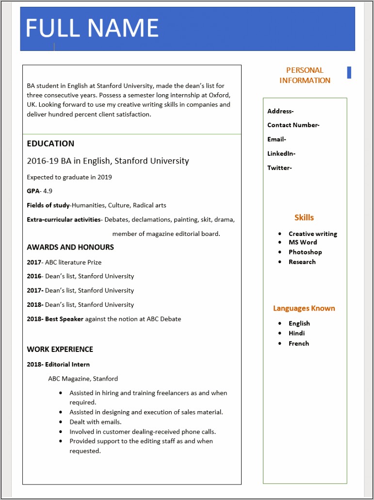Resume Template Free Download Word For Freshers