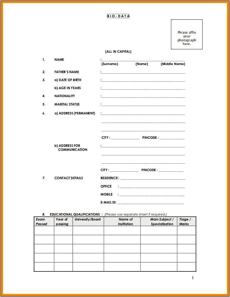 Bio Data Resume Free Download