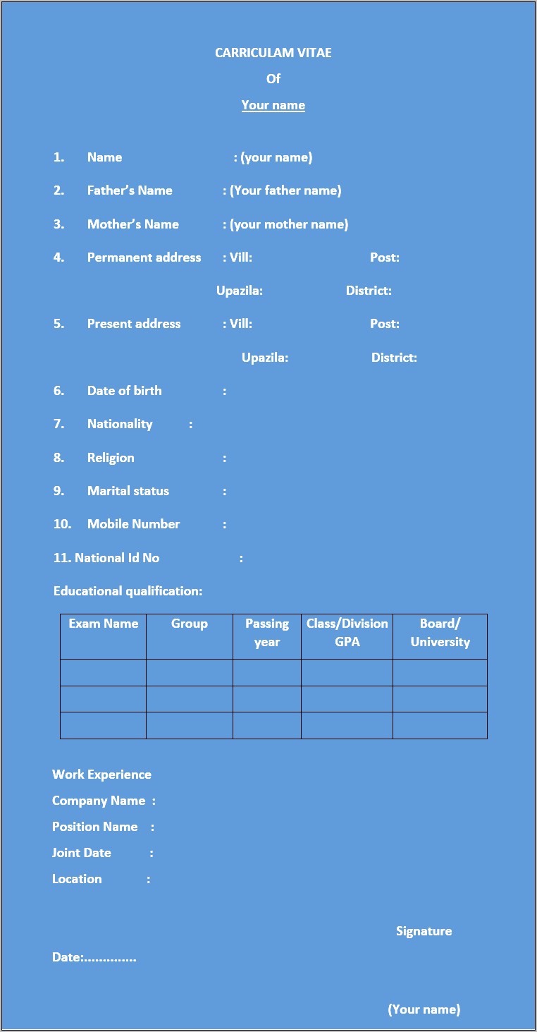 Bio Data Resume Pdf Free Download