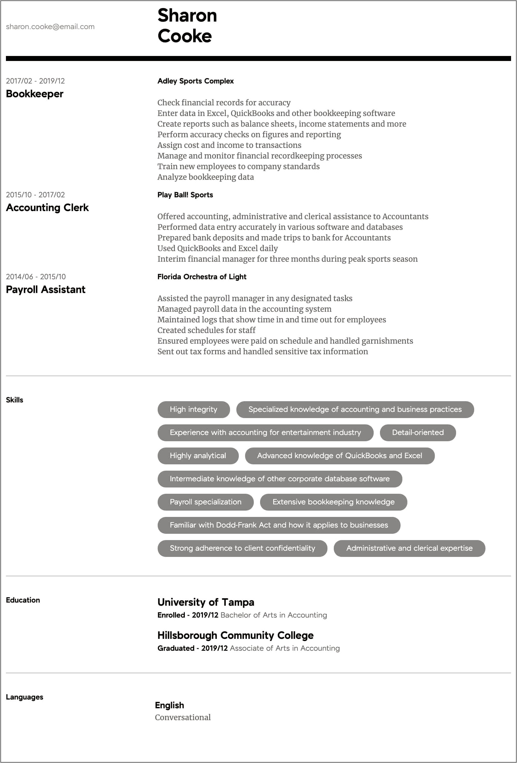 Bookkeeping Dutied You Put On A Resume