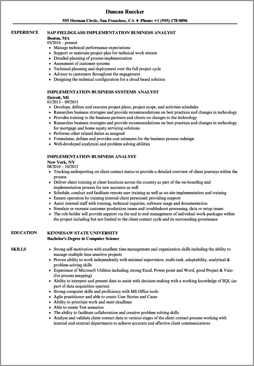 Business Analyst Resume With Infrastructure Experience
