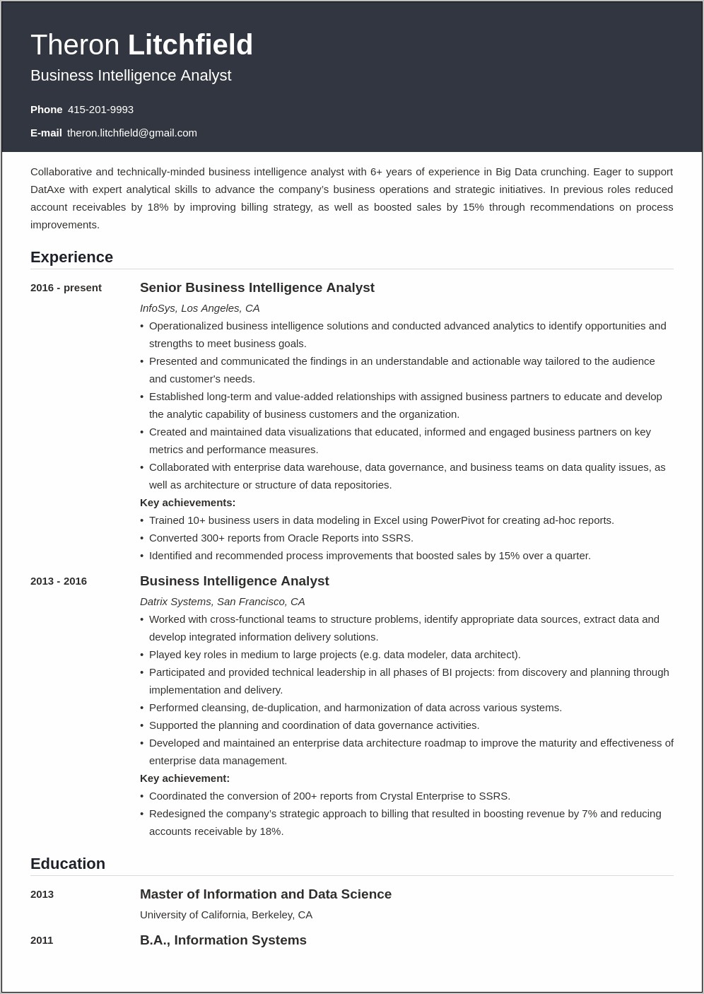 Business Intelligence Key Word Executive Resume