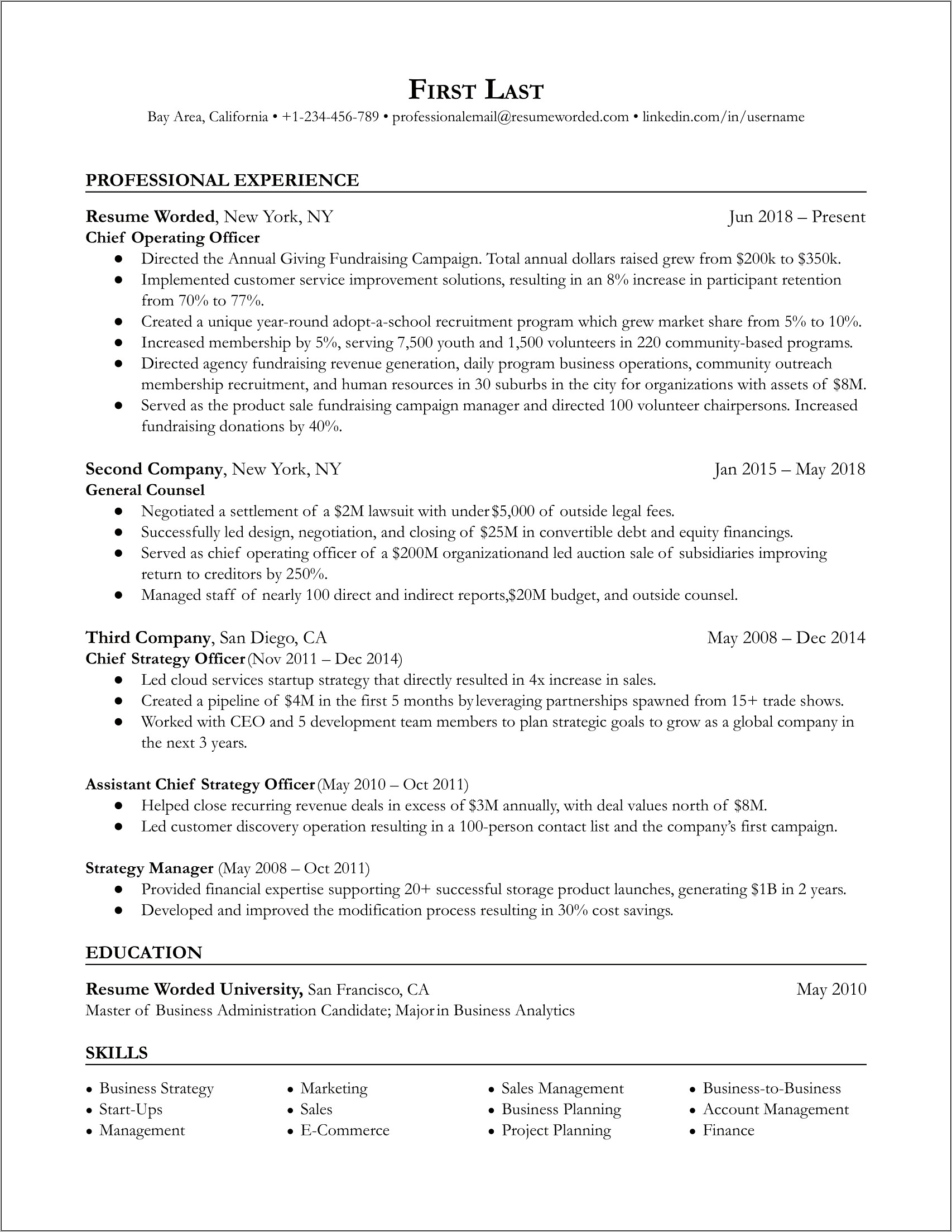 Business Strategy And Operations Resume Examples