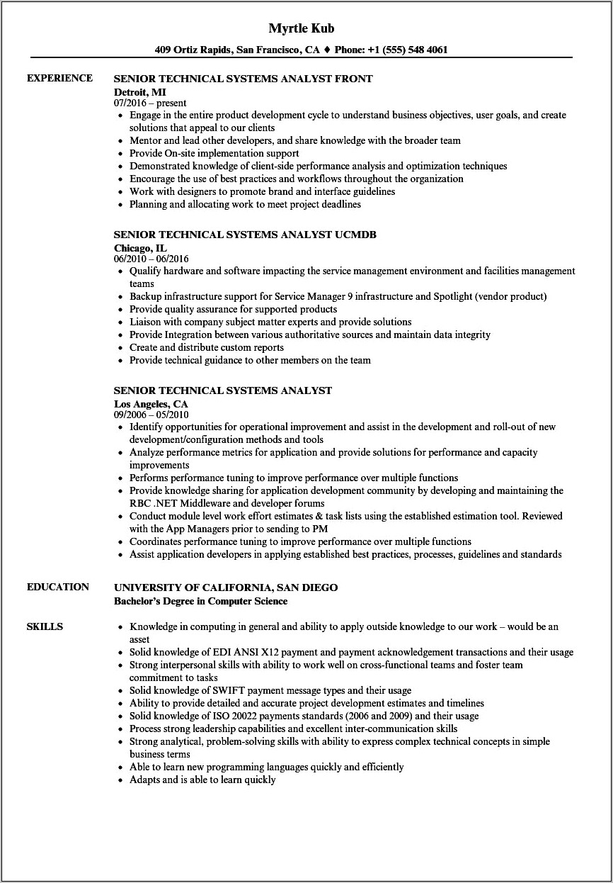 Business Systemes Analyst Tech Resume Sample