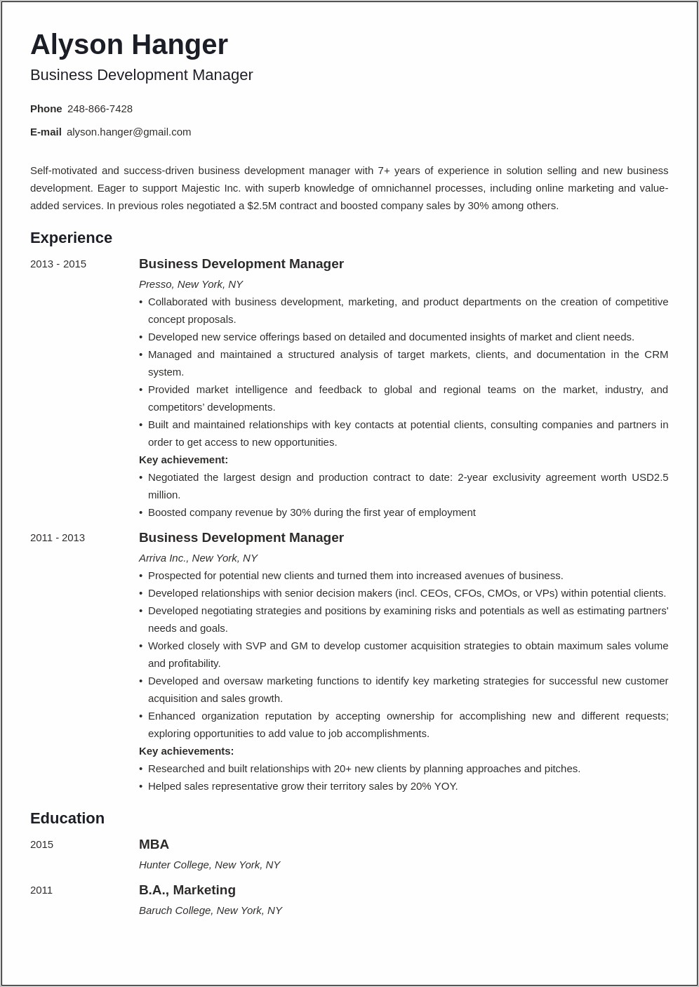 Business To Business Sales Experience Resume