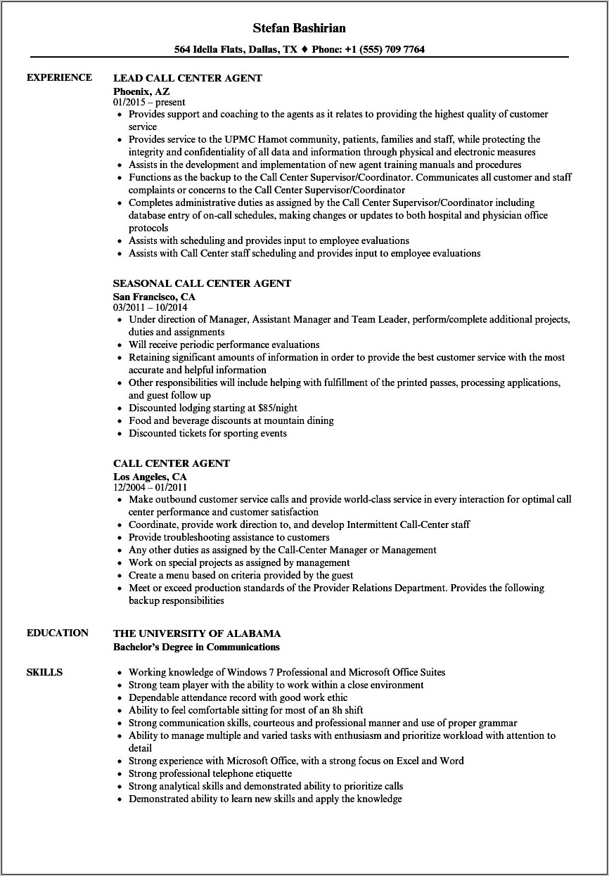 Call Center Sales Agent Resume Sample