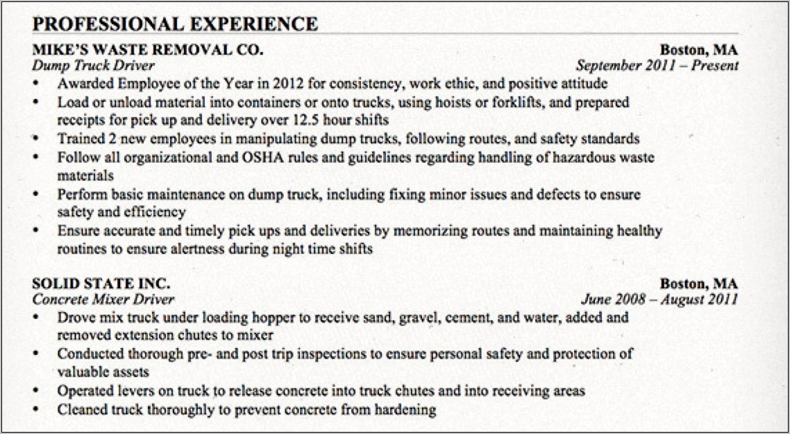 Cdl Class A Driver Resume Sample