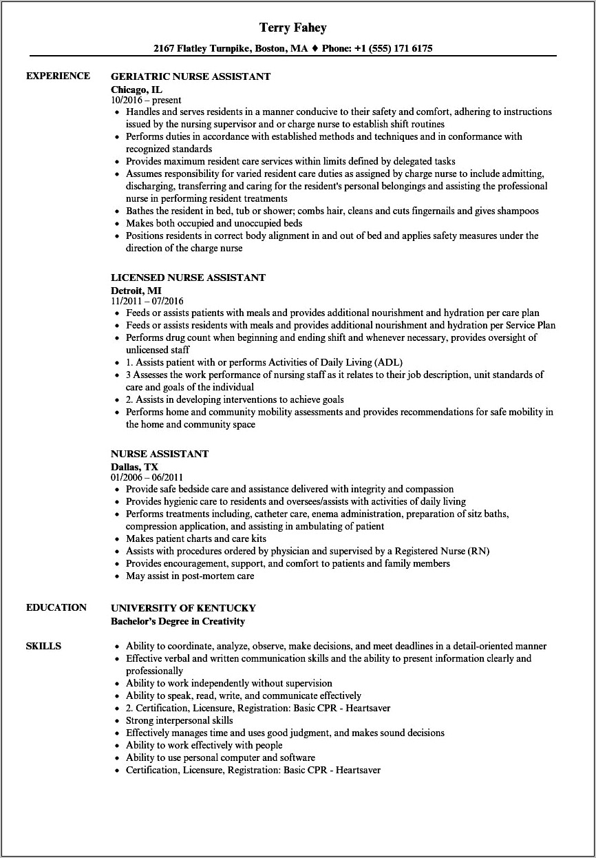 Certified Nursing Assistant Job Responsibilities Resume