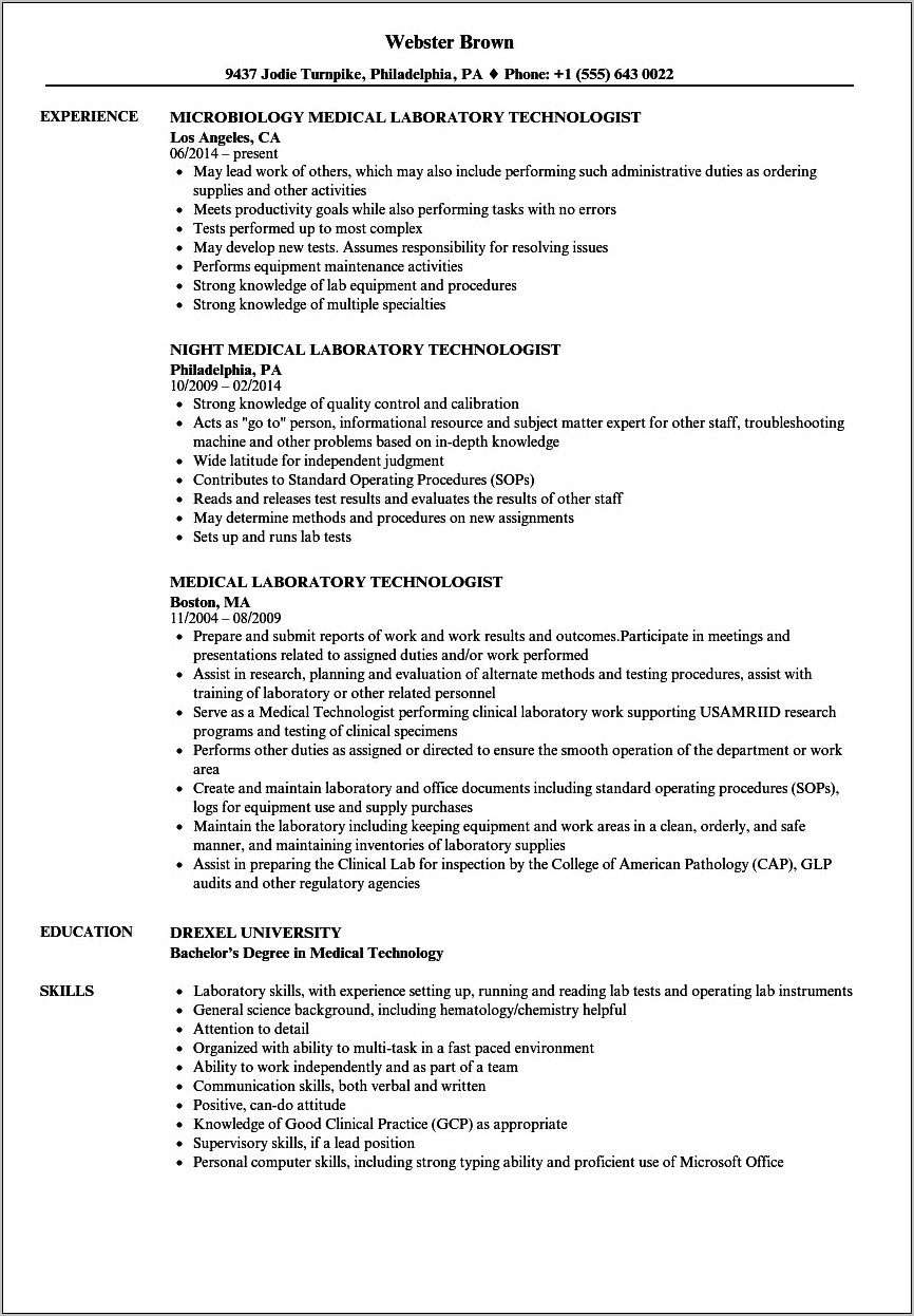 Cilnicial Laboratory Technician Job Description Resume