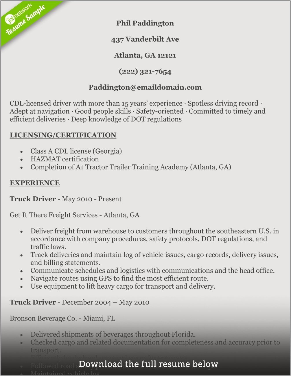 Class 1 Driver Resume Objective