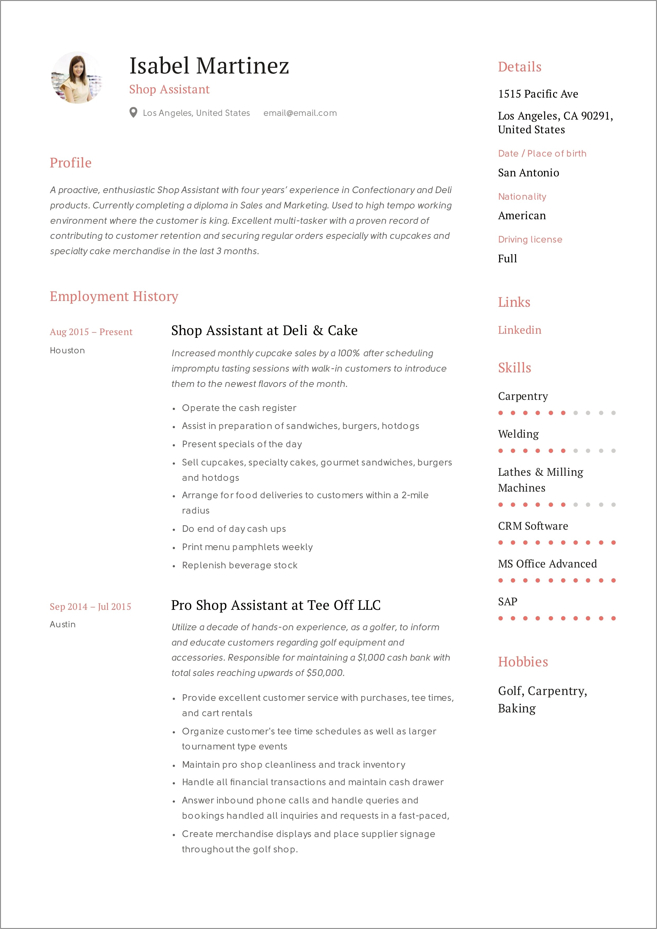 Clothing Sales Job Description For Resume