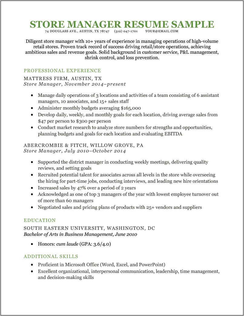 Clothing Store Manager Job Description For Resume