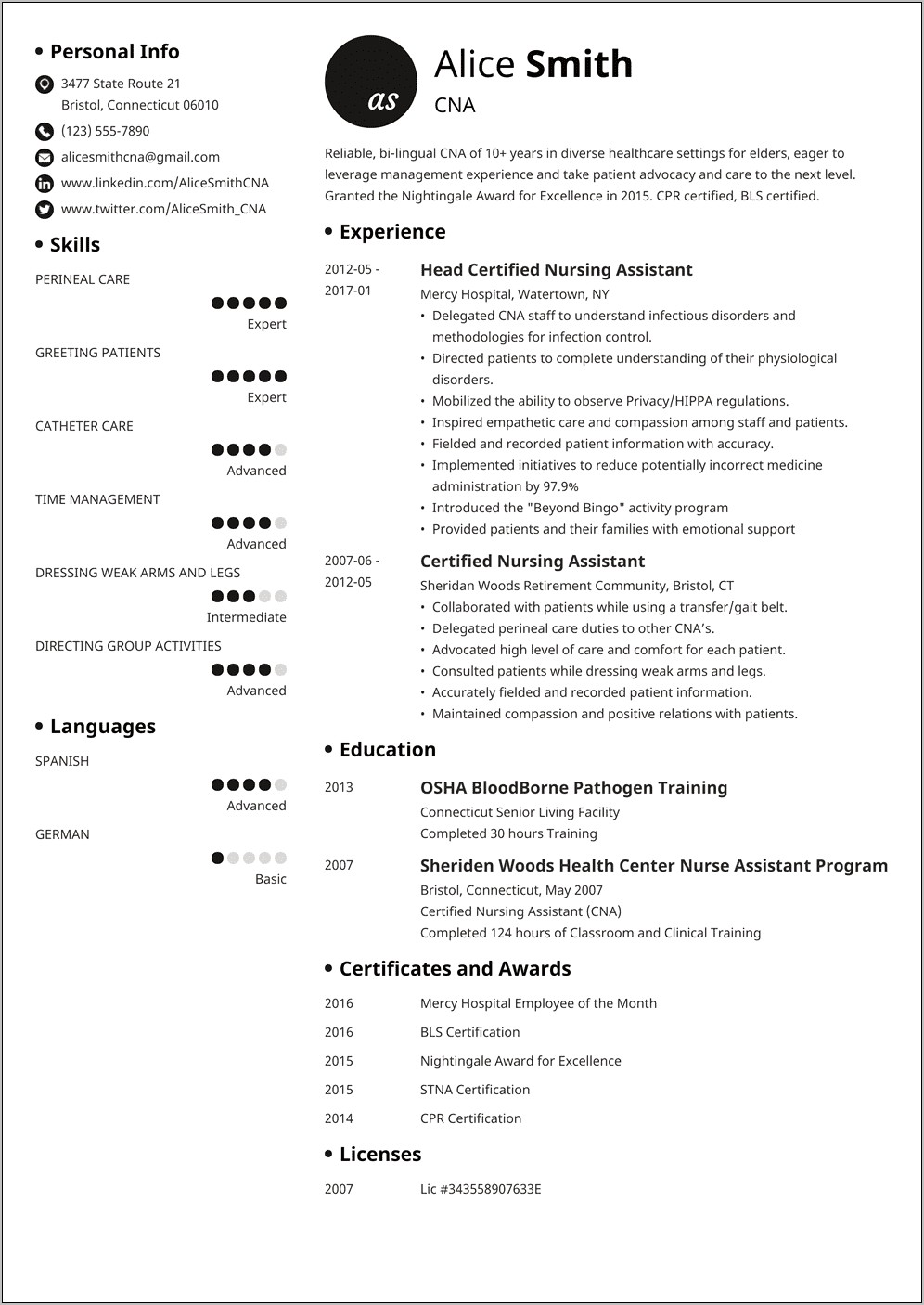 Cna Skills To Put On Resume