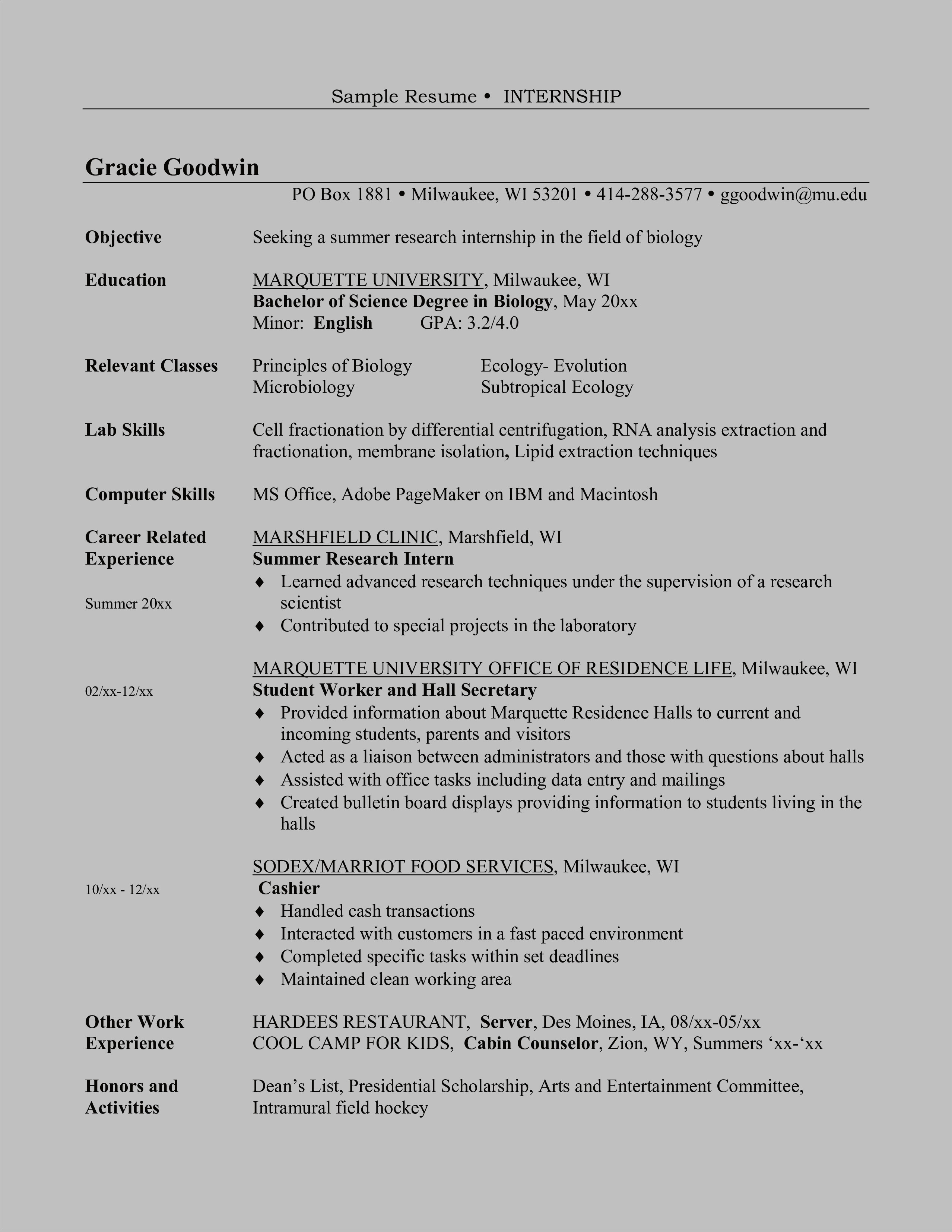 Computer Science Intern Resume Template Word