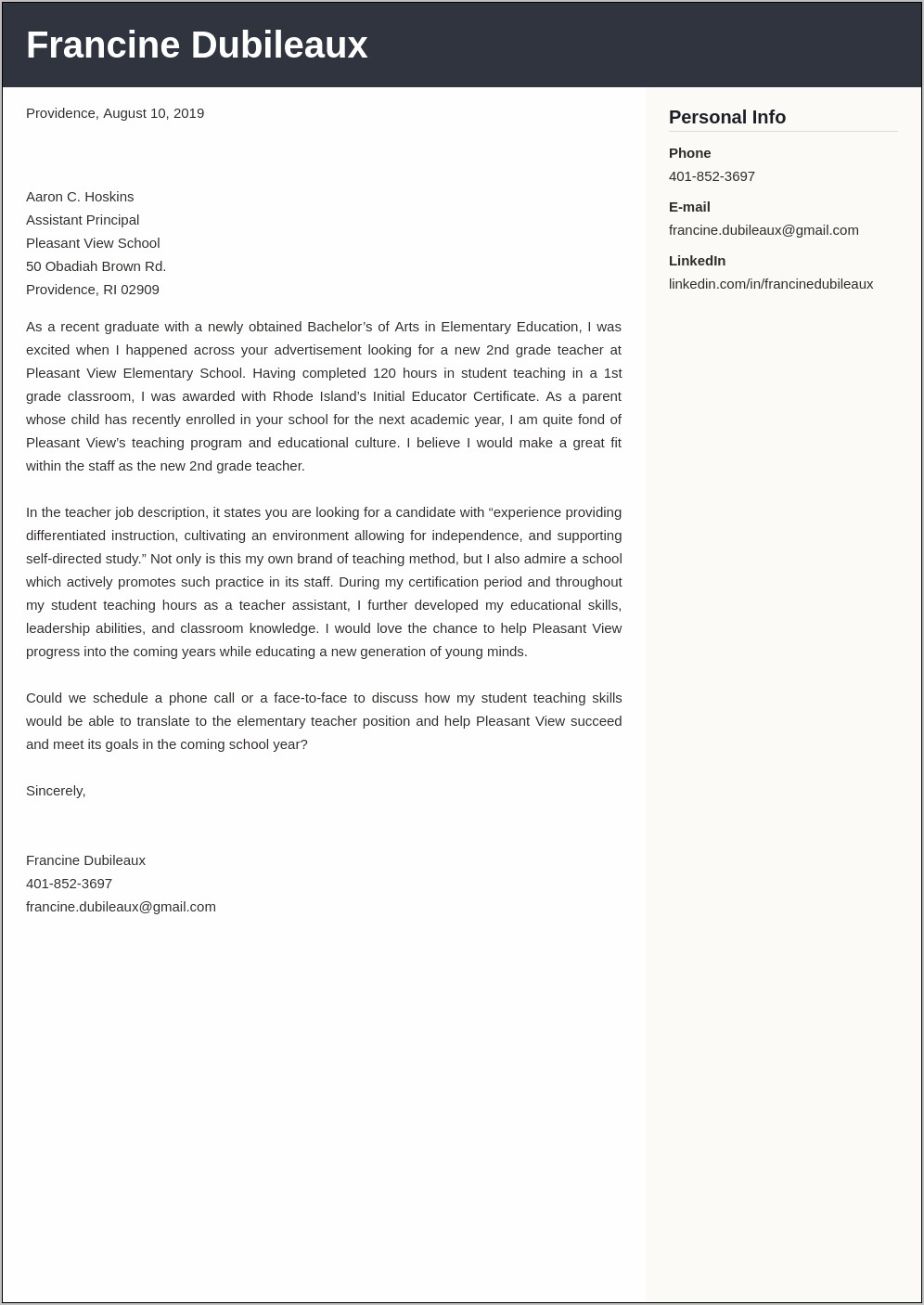 Cover Letter For Resume First Teaching Position