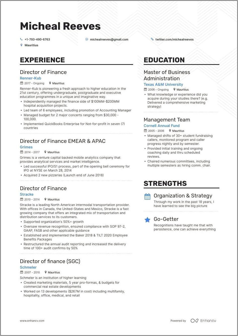 Curriecullum Vitae Resume Finance Controller Manager Pdf