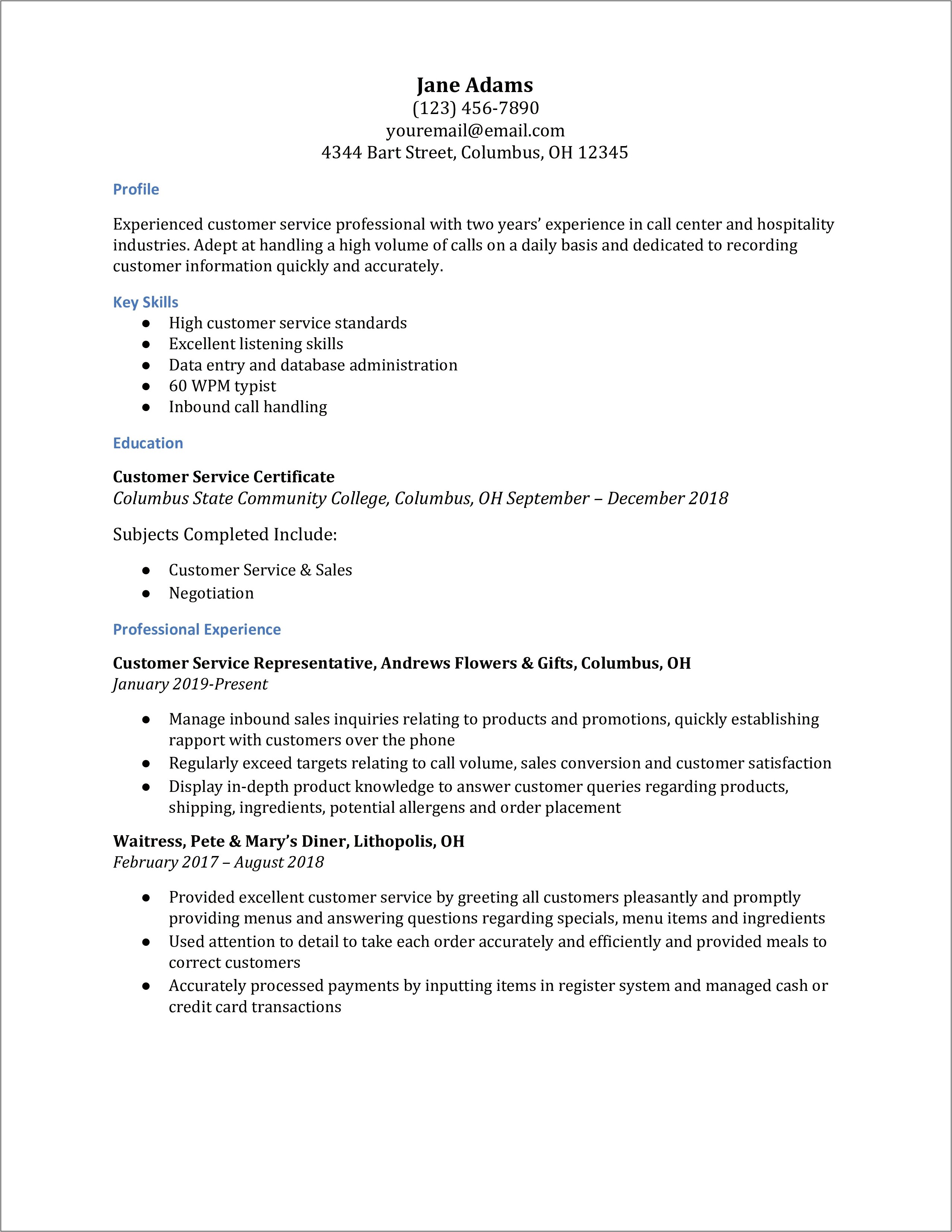 Customer Service Call Center Skills Resume