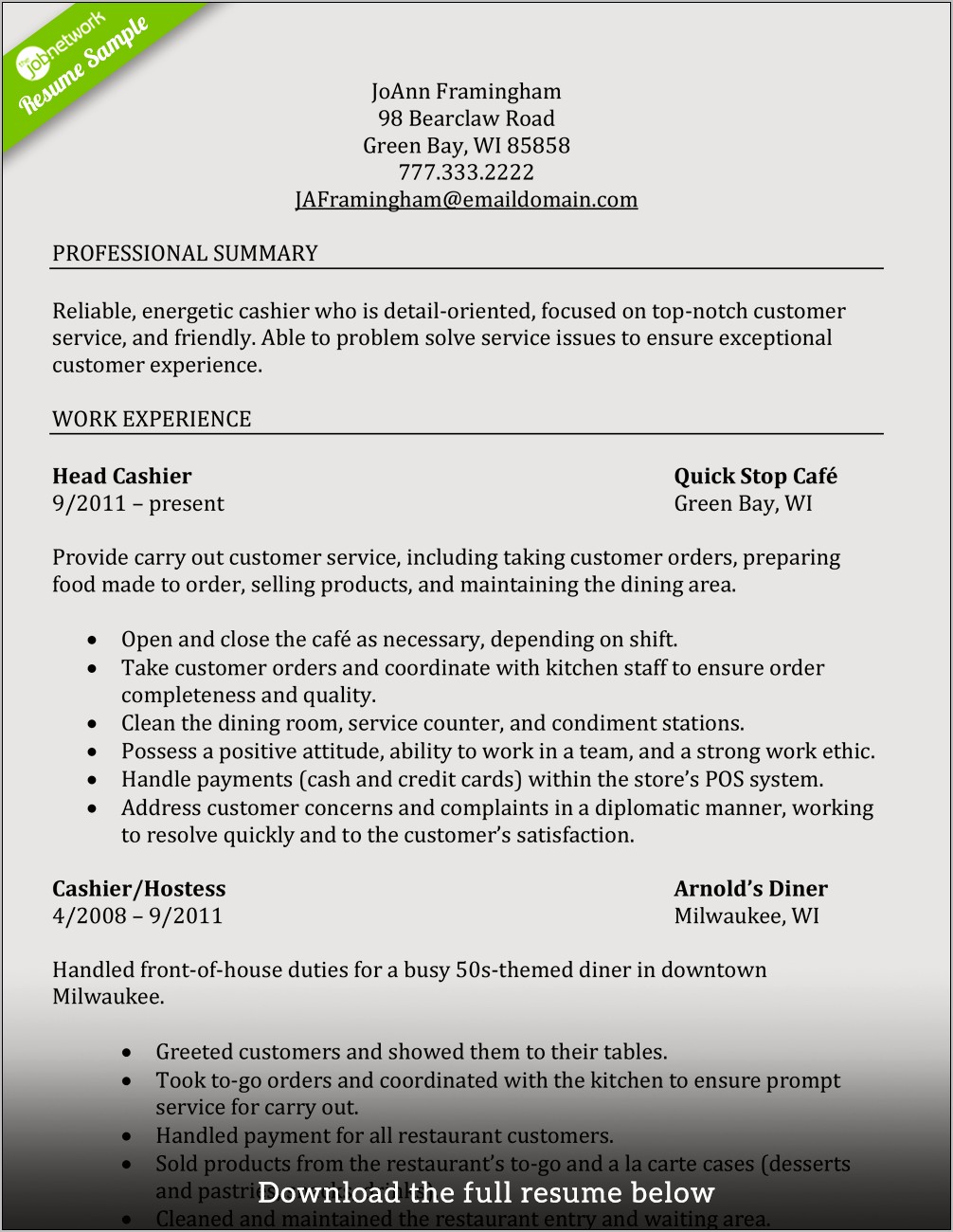 Customer Service Job Description Resume Sample