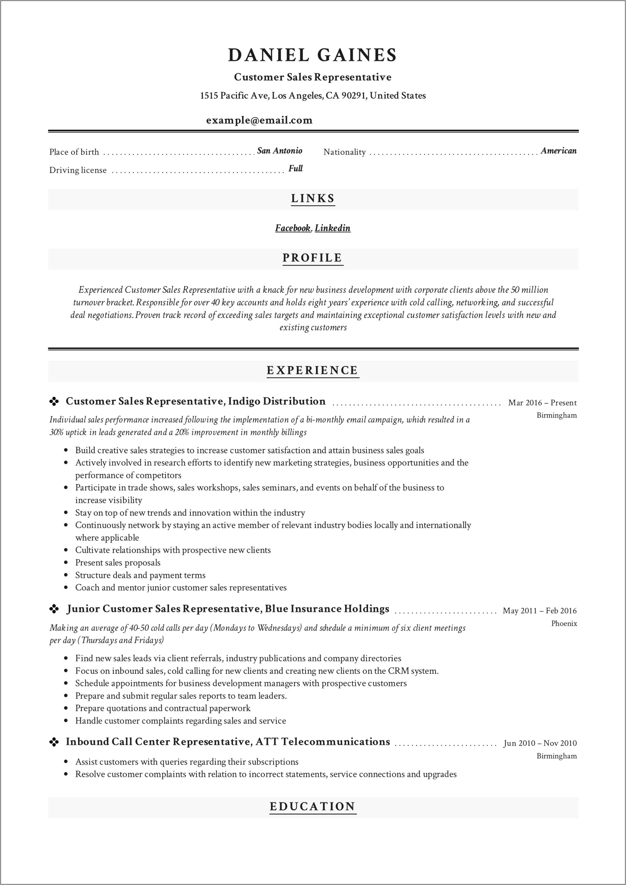 Customer Service Sample Resume For Call Center