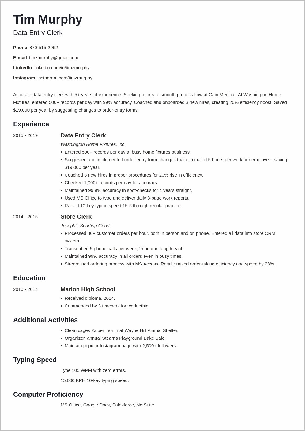 Data Entry Information For Resume Sample