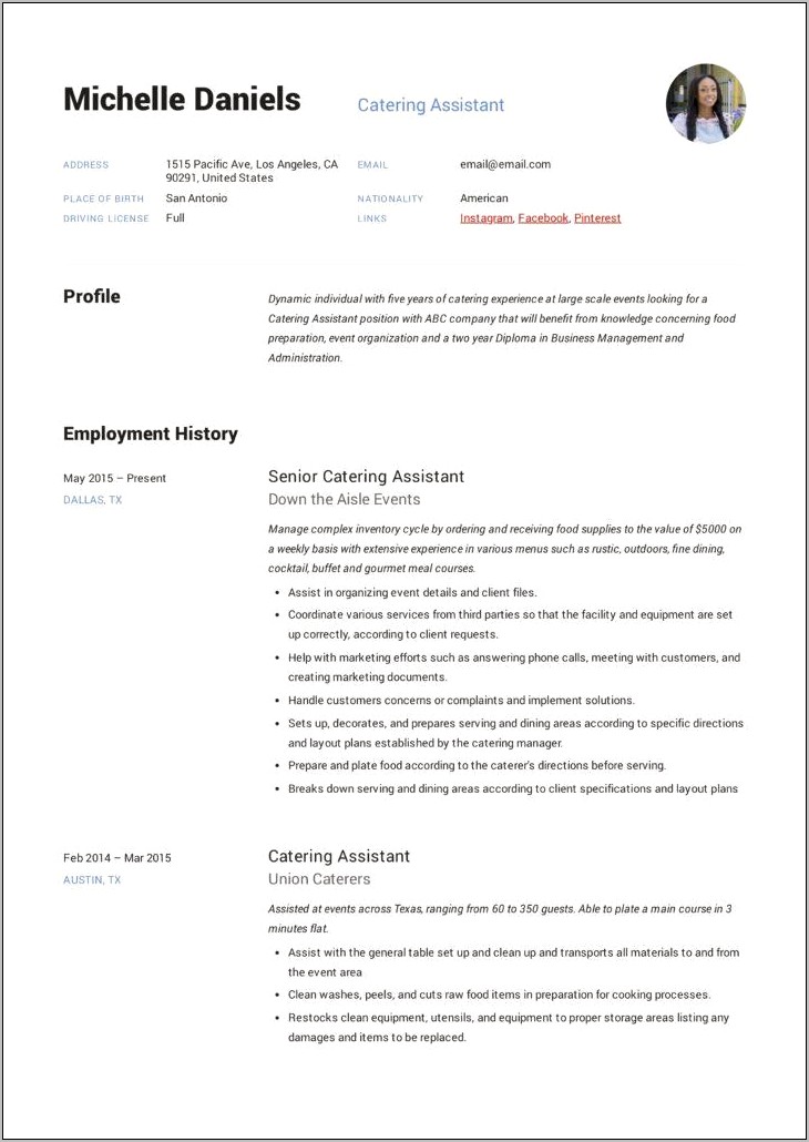 Deli And Catering Work Experience On Resume