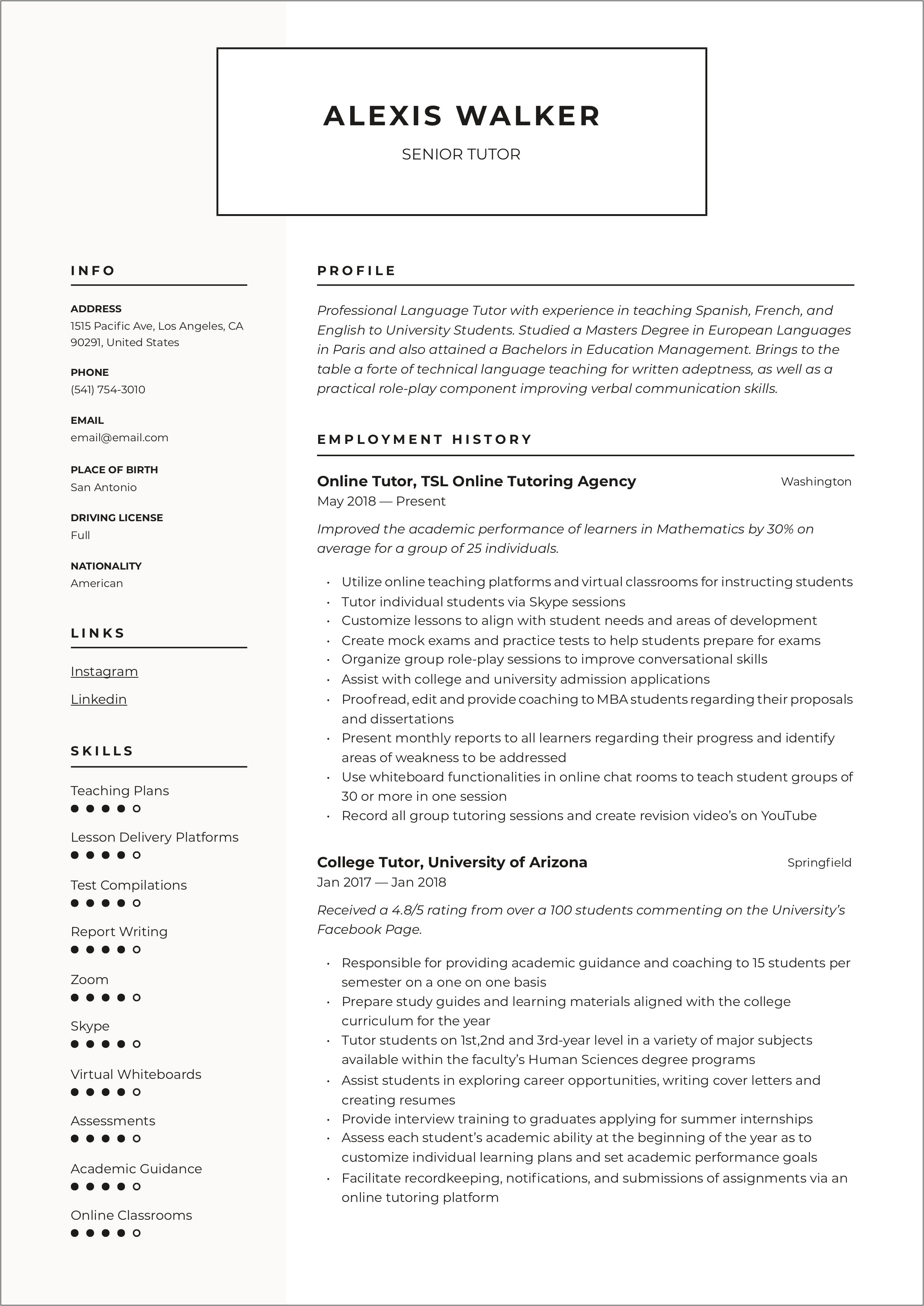 Description Of Tutoring Job For Resumes