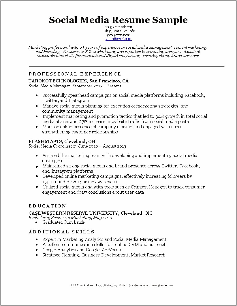 Description On Resume For Social Media Handling