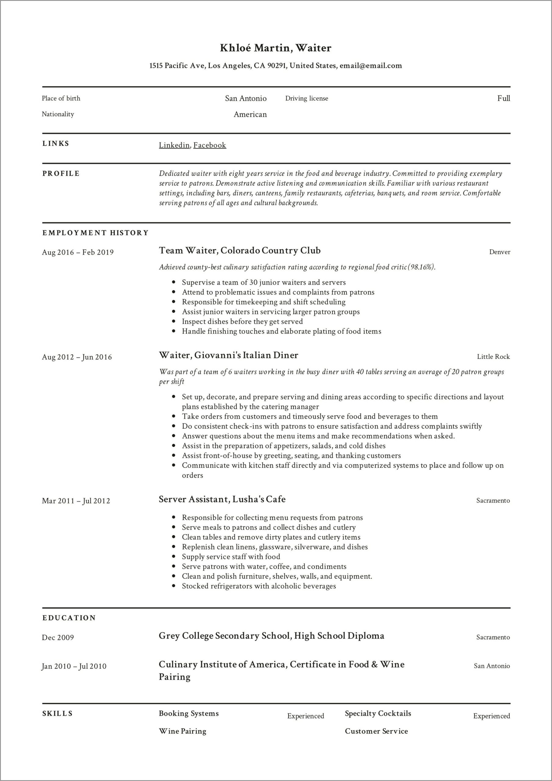 Descriptive Words For Waitress On Resume