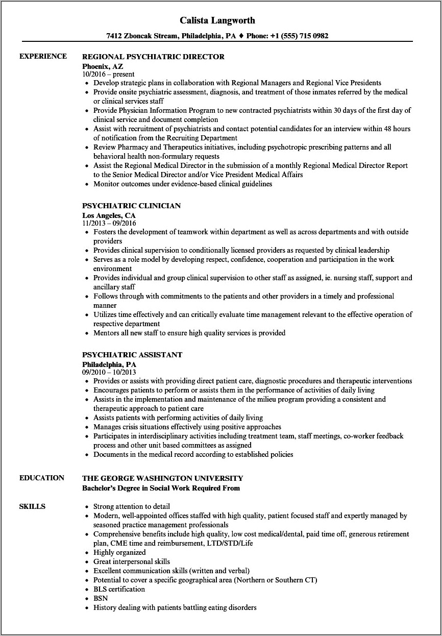 Director Of Utilization Of Psychiatric Unit Resume Summary