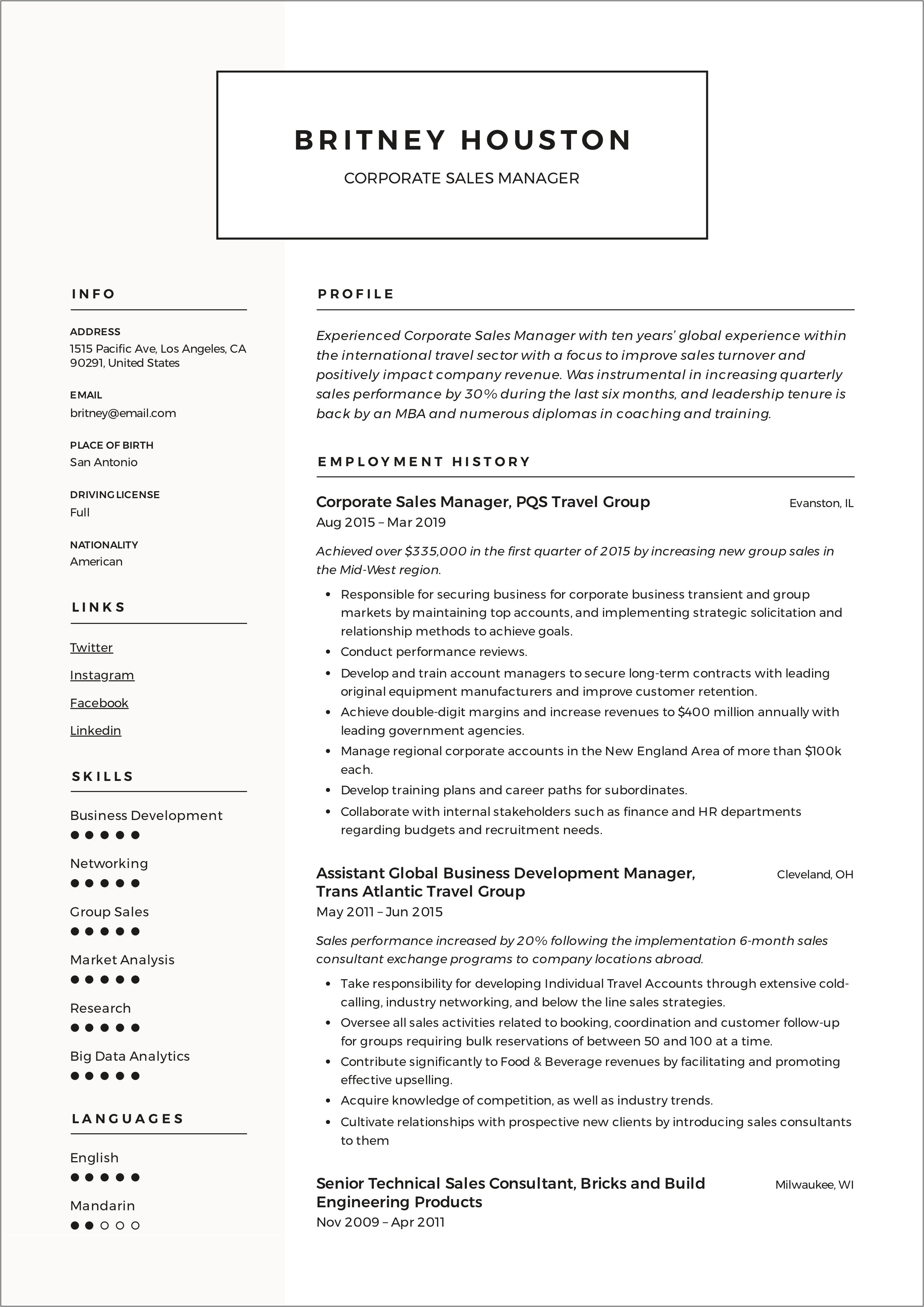 Duties Of A Sales Manager For Resume