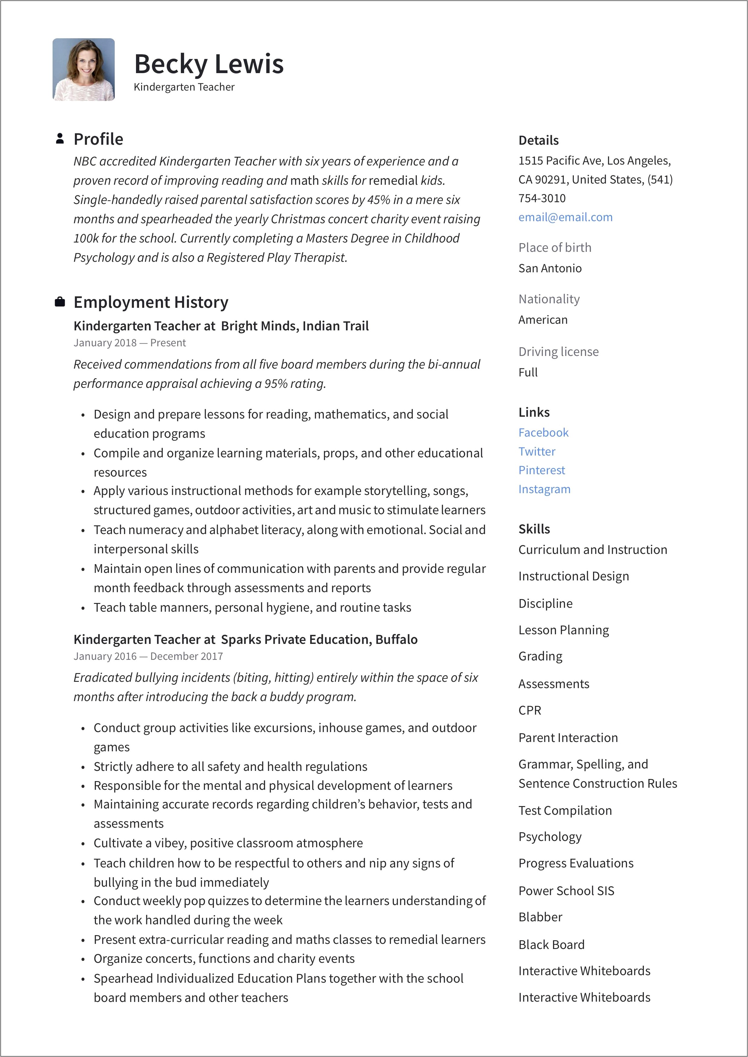 Early Childhood Teacher Job Description For Resume