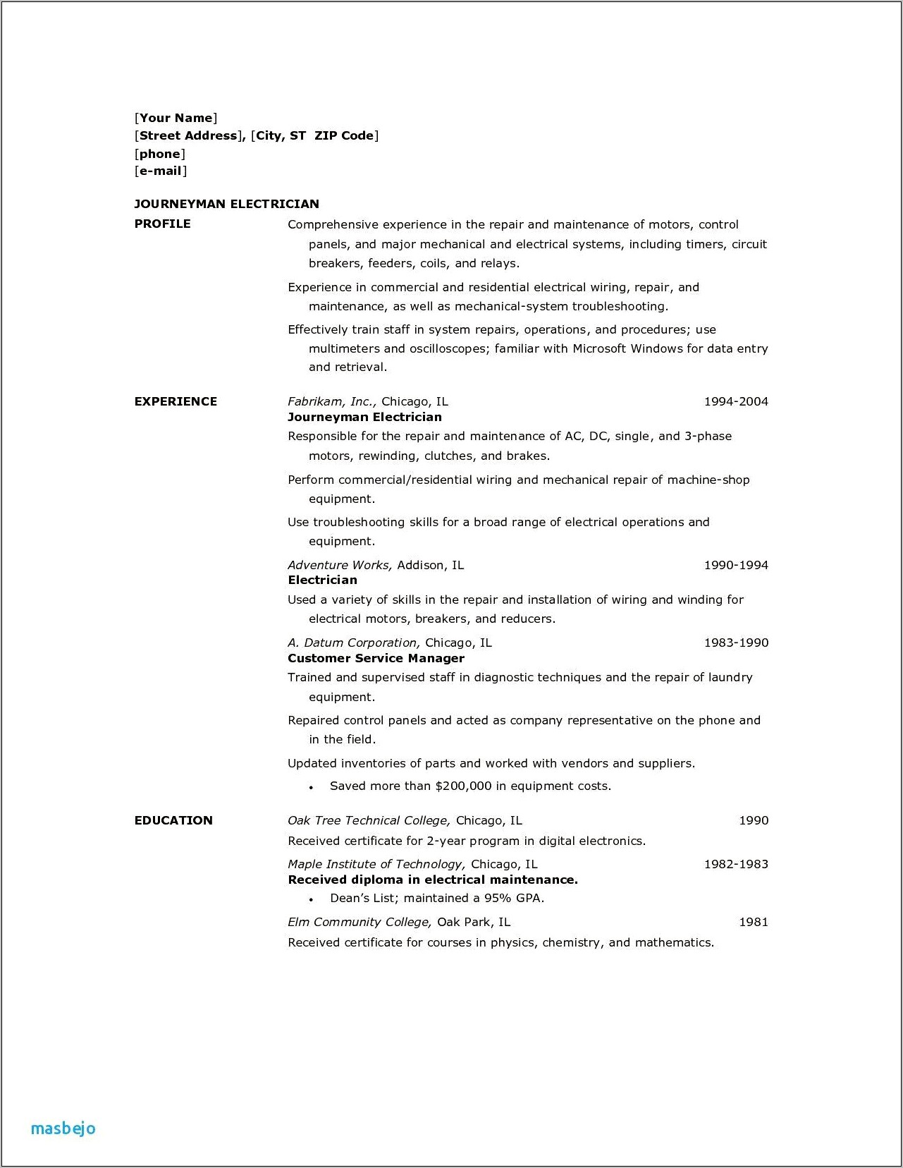 Electrician Customer Service Skills Resume