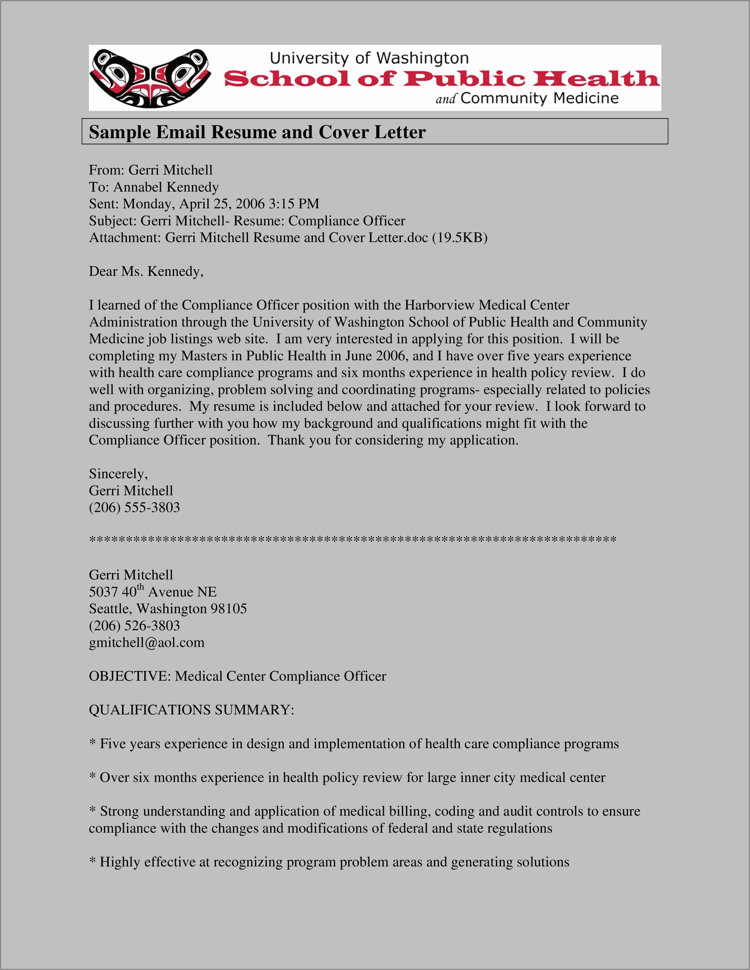 Email Message For Resume And Cover Letter