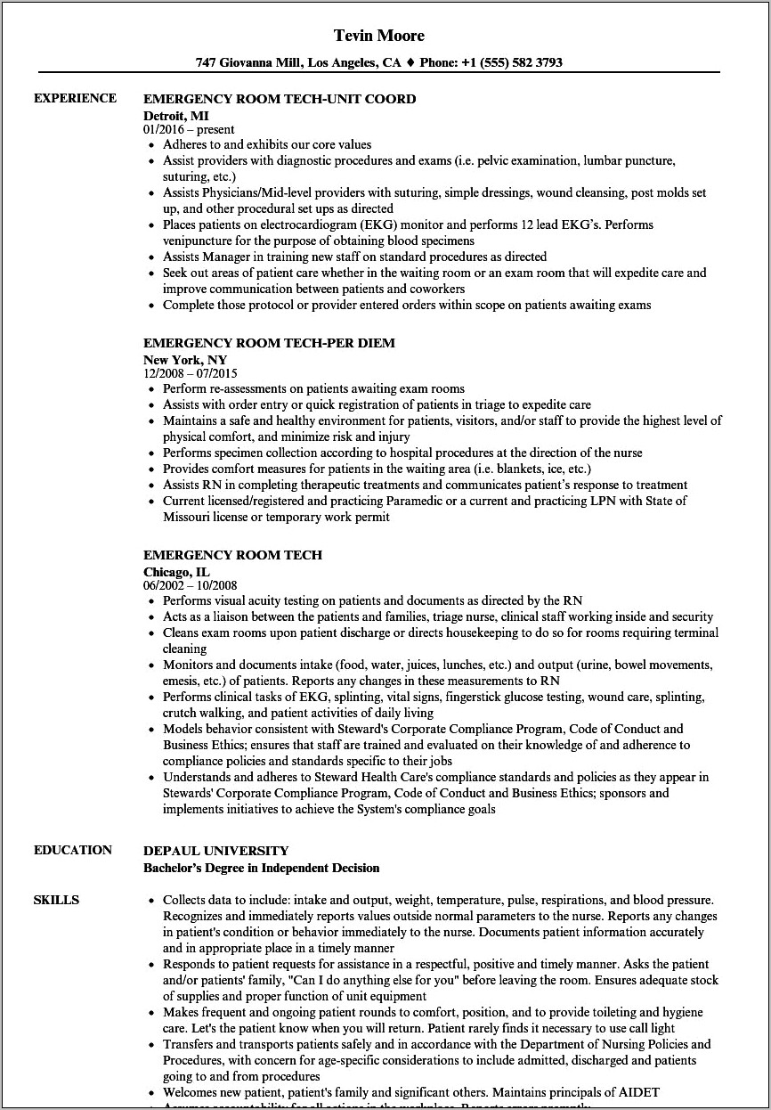 Emergency Room Tech Job Description For Resume