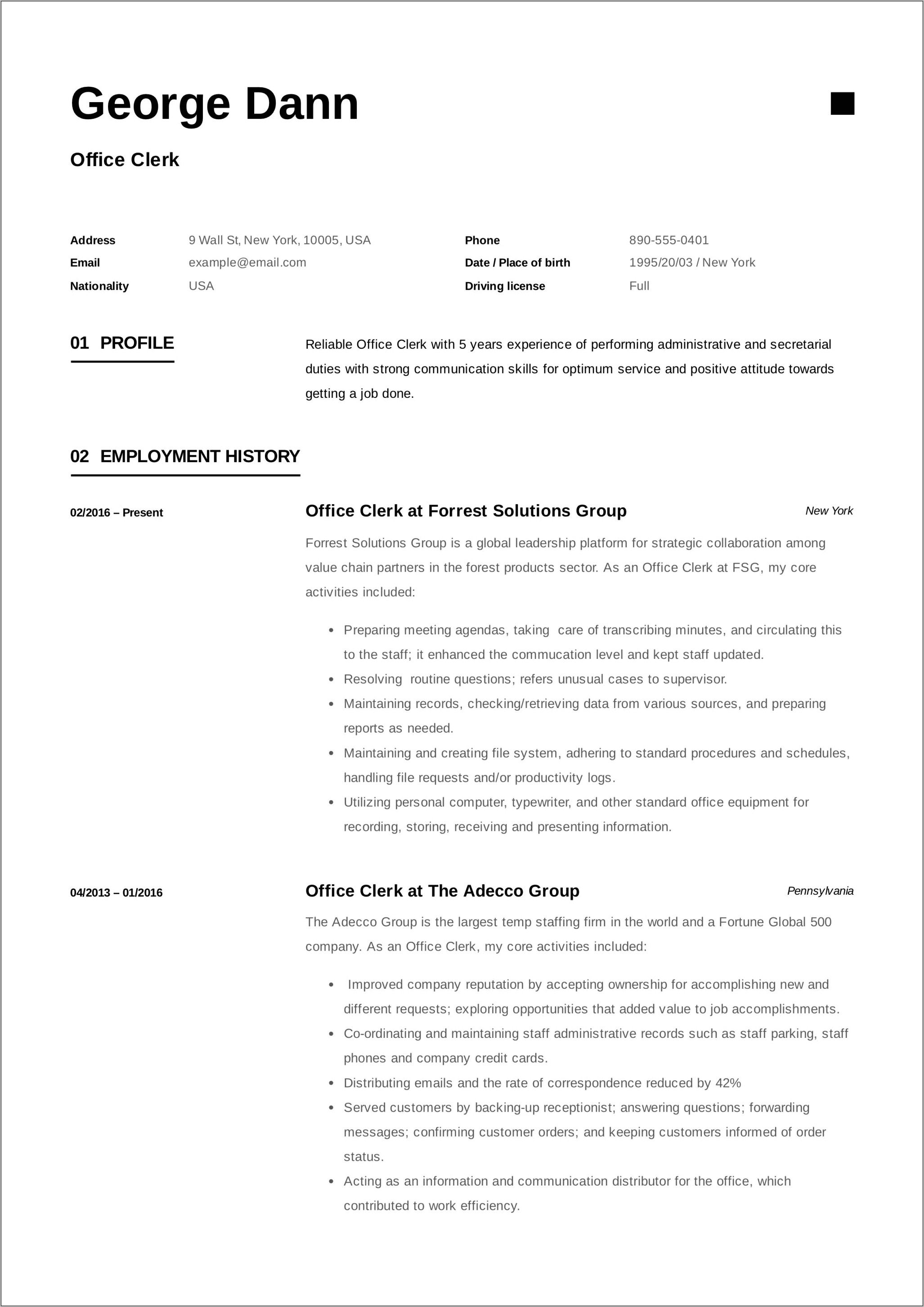 Entry Level Clerk Job Resume Template