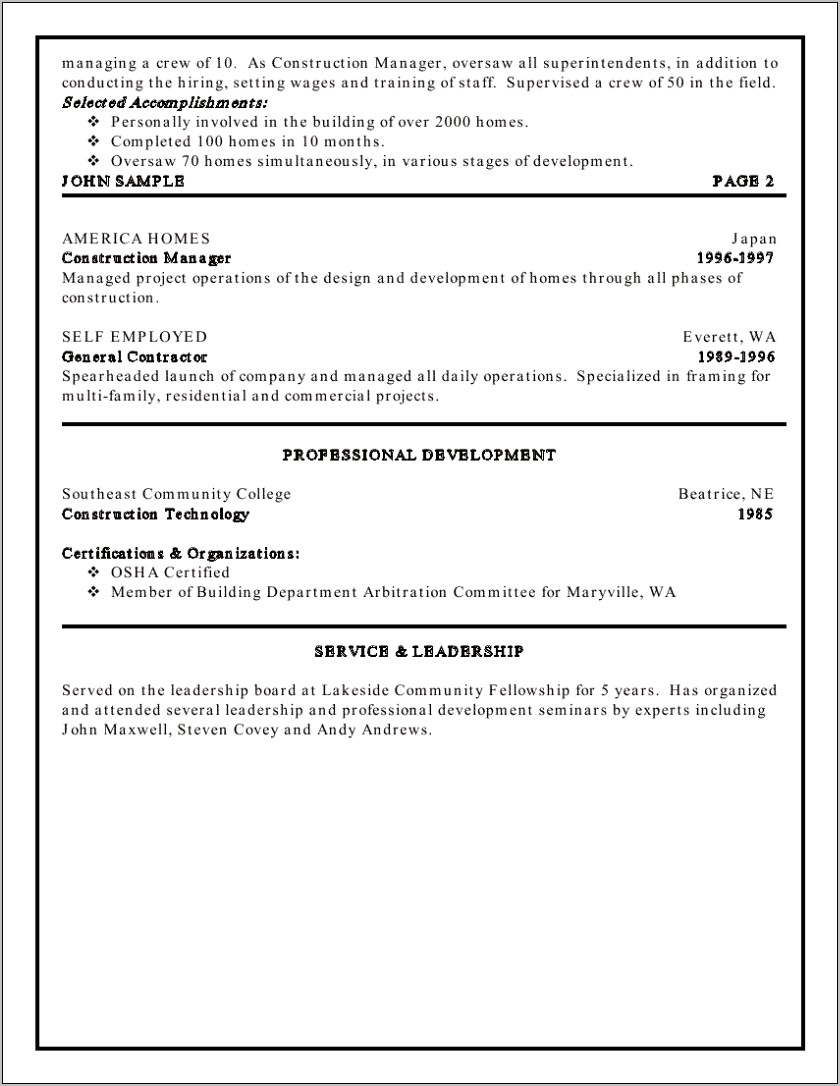 sample resume project manager construction