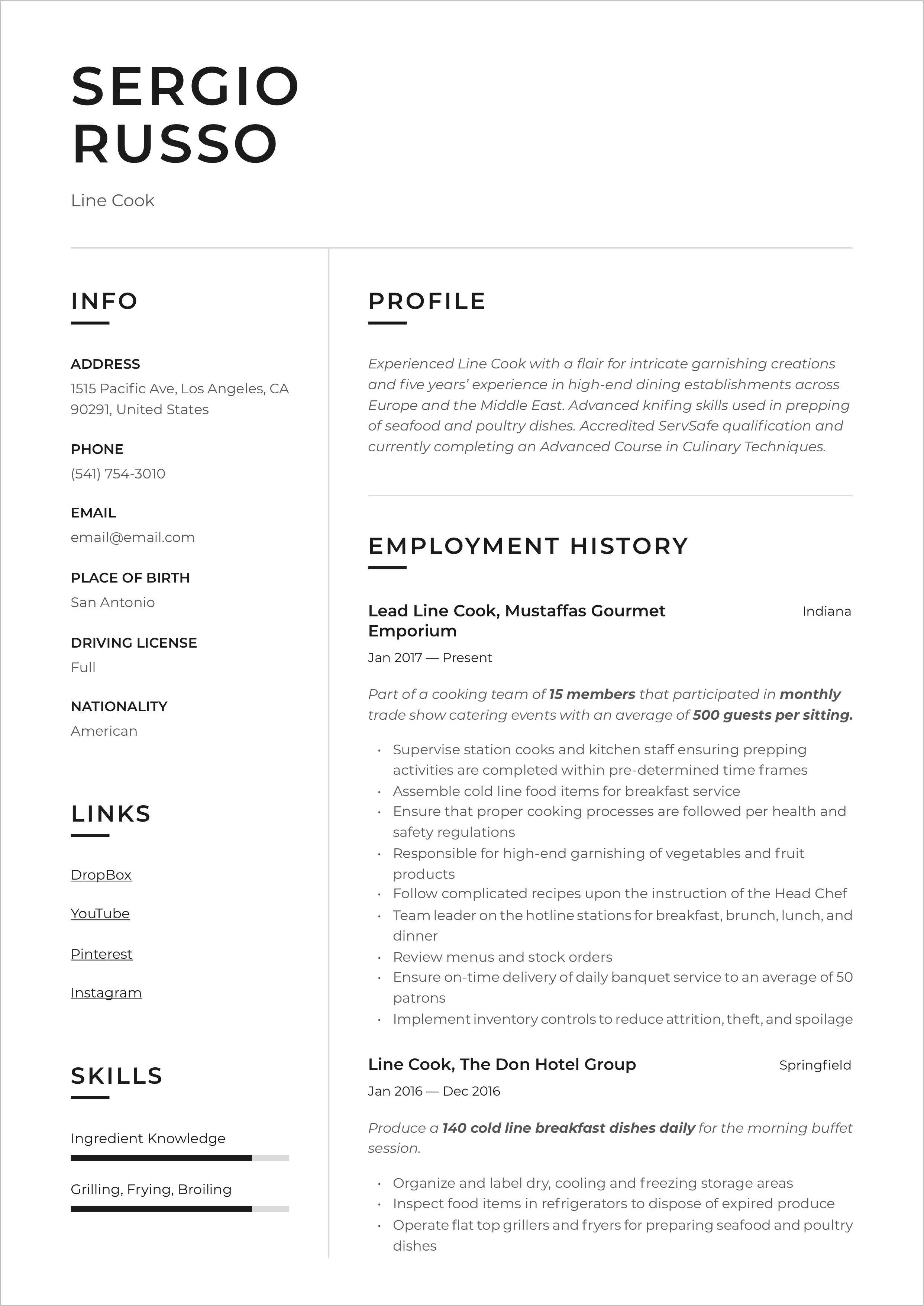 Entry Level Culinary Resume Examples