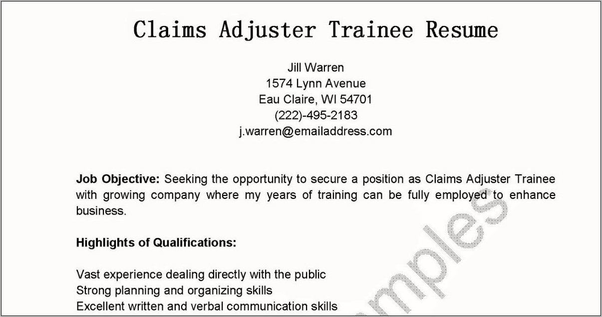 Entry Level Insurance Claims Adjuster Resume Sample