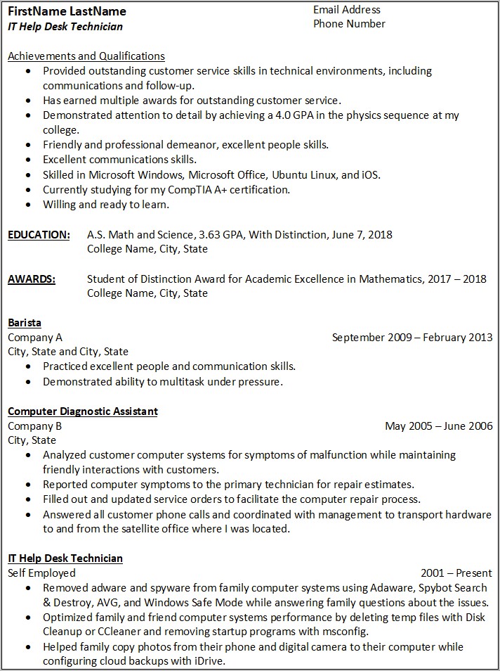 resume profile examples help desk