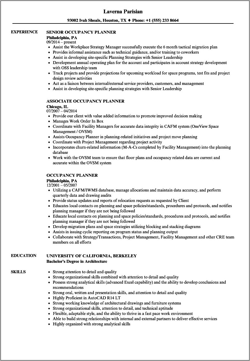 Entry Level Occupacny Planner Resume Example